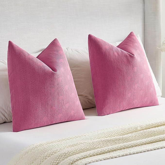 FUTEI Hot Pink Chenille Decorative Throw Pillow Covers 18x18 Inch Set of 2,Soft Cozy Striped Geometric Patterns Cushion Cases,Modern Home Decor for Couch Bed Living Room