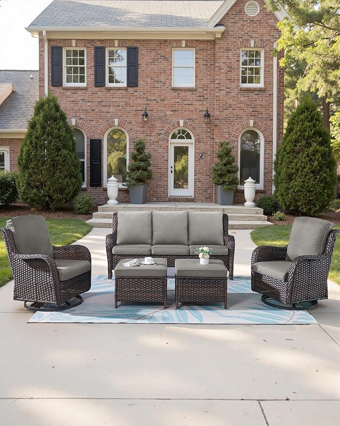 Pop 22x25/22x24 Outdoor Furniture Cushions Set of 6 - Comfortable Patio Chair Cushion for Rattan Wicker Dining Rocking Swivel Chairs Loveseat Couch L-Shape Sectional Sofa - Grey/Classic