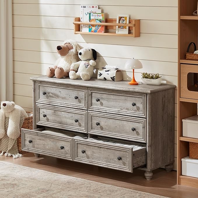 6 Drawers Dresser for Bedroom, Farmhouse 54" Wide Wood Dressers Chest of Drawers, Vintage Design TV Stand, Rustic Storage Dresser Organizer with Metal Handle Closet for Living Room, Hallway