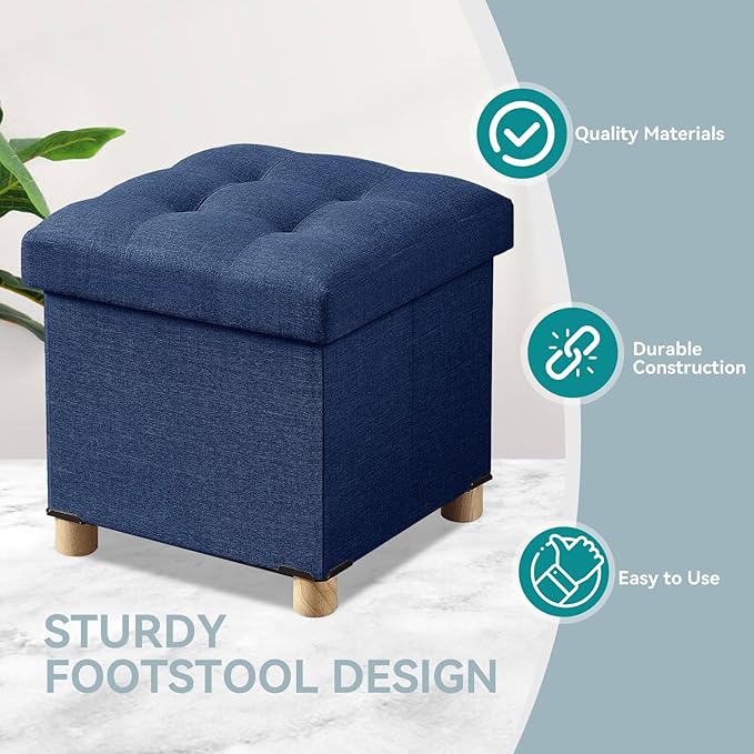 BRIAN & DANY Ottoman with Storage, Small Storage Ottoman for Dorm, Linen Folding Ottoman Foot Stool with Legs for Living Room and Bedroom, 15"x15"x15" - Blue