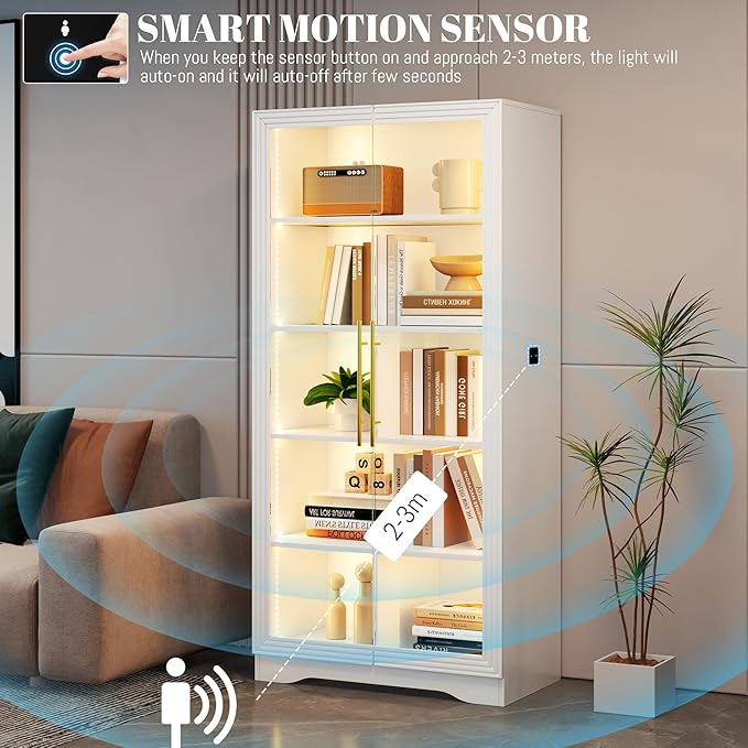 Vlsrka 65" File Cabinet, Filing Cabinets Fit Letter/A4 Size, Storage Cabinet with Doors & Lights, Tall File Bookcase with 2 Adjustable Shelves for Home Office, Living Room, White