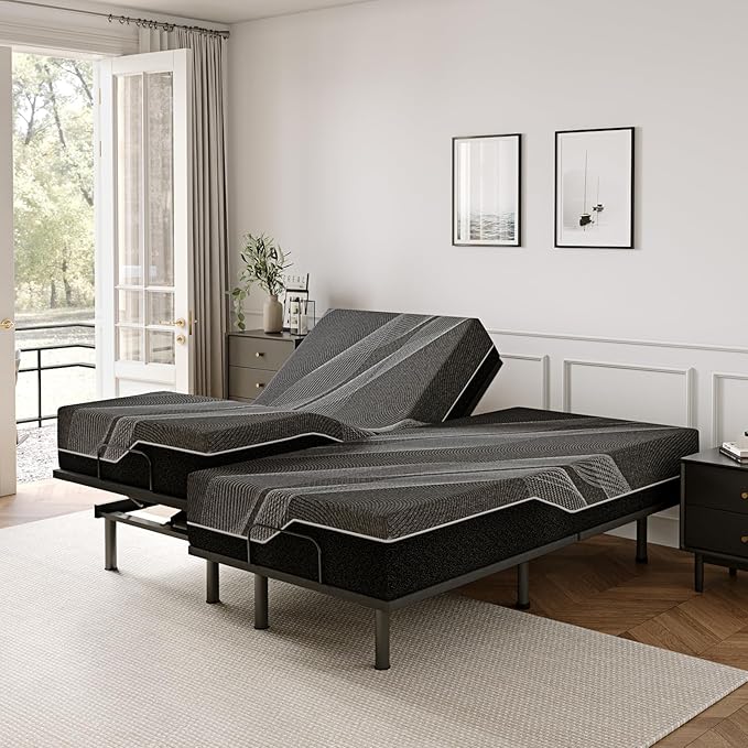 Split King Adjustable Bed Frame with 14 inch Gel Memory Foam Mattress, CertiPUR-US Certified Fiberglass Free, Zero Gravity & Wireless Remote, Head & Foot Incline, 80"×76"