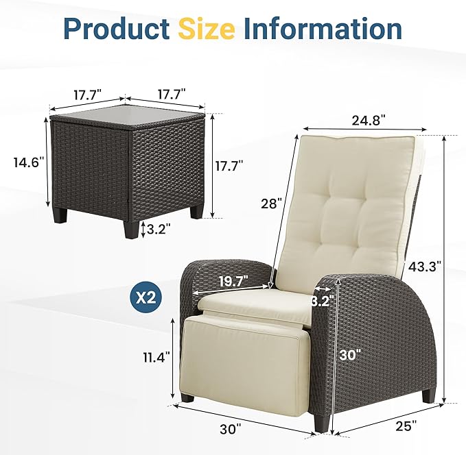 3-Peices Outdoor Patio Recliner with Independently Adjustable Backrest , All-Weather Wicker Patio Chair with Side Table, 160° Lay Flat Patio Reclining Lounge Chair for Backyard Garden, Beige