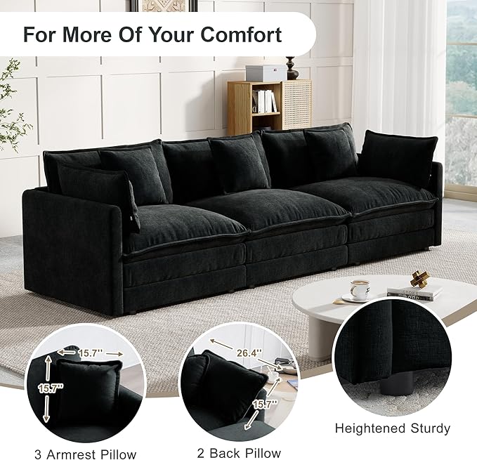 Modular Sectional Sofa, 111.5 Inch I-Shaped Cloud Sofa with Deep Seat Chenille Sofa with Cushions, Three-Self Sectional Sofa for Living Room Apartment,Black