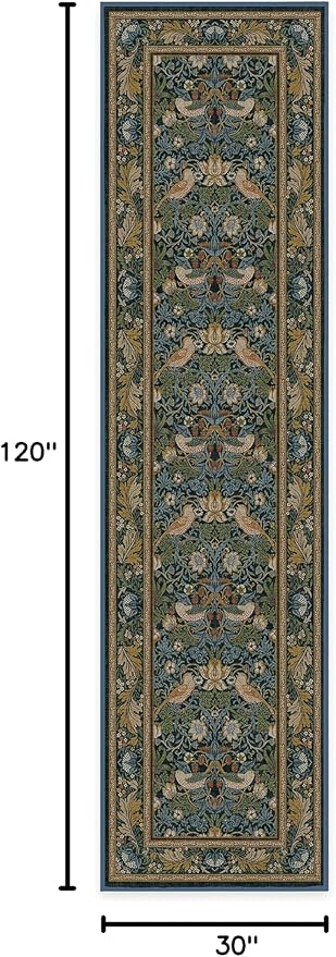 RUGGABLE x Morris & Co Machine Washable Runner Rug – Strawberry Thief Indigo 2.5x10, Stain-Resistant, Non-Slip – Washable Rug for Hallway, Entryway, Living Room & Kitchen–with Cushioned Pad