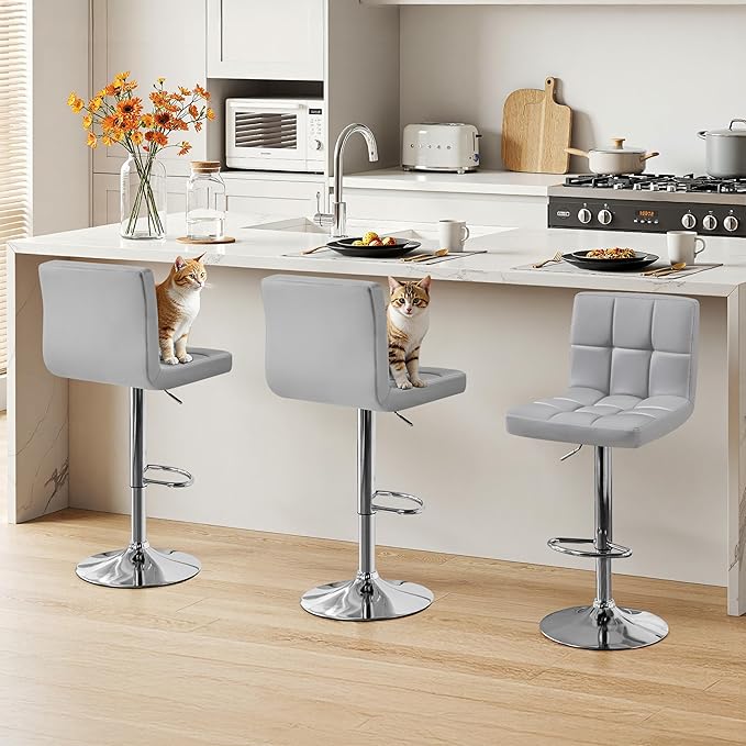 Yaheetech Bar Stools Set of 3, Adjustable PU Leather Swivel Barstools, Modern Counter Stools with Back and Footrest, Counter Height Barstools for Bar, Kitchen, Dining Room, Light Grey