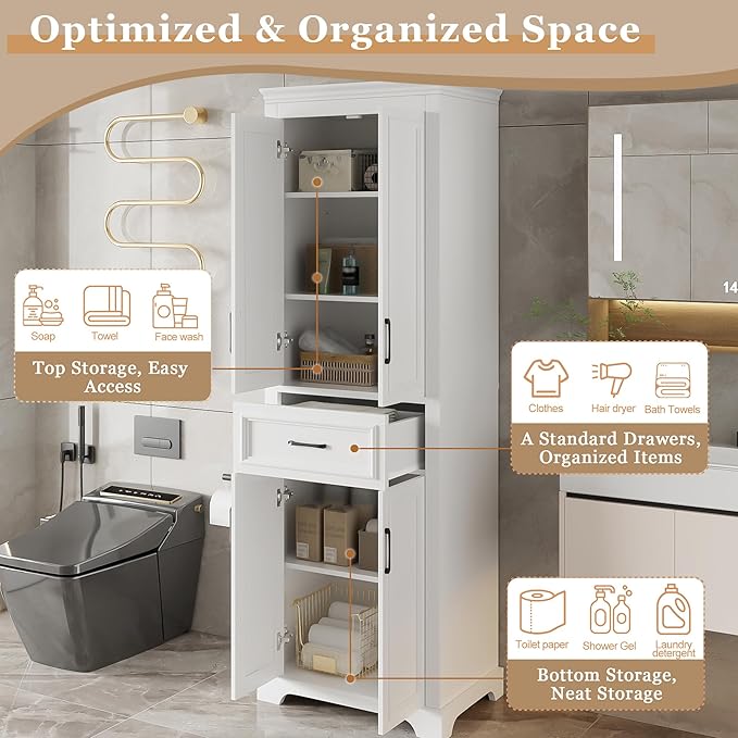 Tall Freestanding Storage Cabinet with 4 Doors & One Drawer, Multi-Purpose Organizer with Adjustable Shelf for Bathroom, Office, Living Room, White
