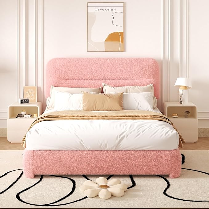 Full Size Cloud Bed Frame, Upholstered Boucle Platform Bed with Adjustable Headboard, Anti-Collision Soft Rounded Corners, Noise Free, Easy Assembly, Pink