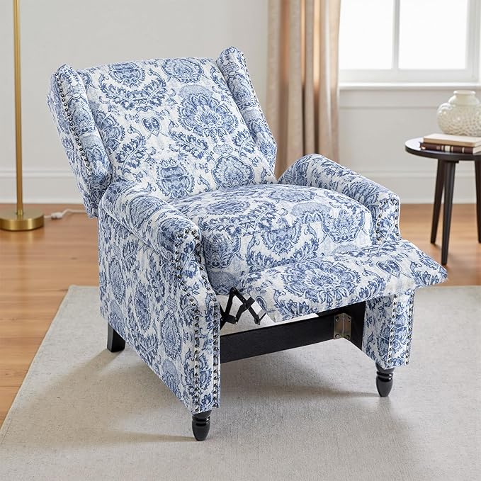 UIXE Pushback Floral Recliner Chair, Fabric Upholstered Armchair Push Back Accent Chair for Living Room, Rivet Trim Club Chair Home Theater Single Sofa Bedroom Reading Seat - Navy