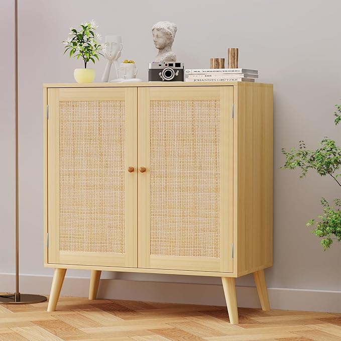 EOYUTLLY Sideboard Buffet Cabinet, Kitchen Buffet Storage Cabinet with Rattan Doors, Accent Cabinet with Adjustable Shelves for Hallway,Kitchen,Living Room, 31.5 x 15.7 x 35 Natural, Assemble Easily