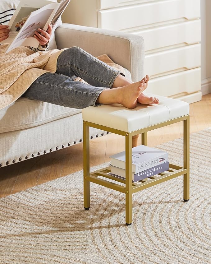 IBUYKE Rectangular Makeup Stool with Adjustable Feet and Storage Space, Footrest Chair, PU Vanity Seat, Multi-Use as Small Side Table or Ottoman, for Bedroom, White WBD017W