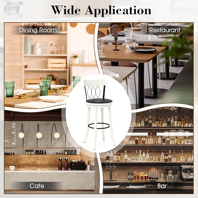 COSTWAY Bar Stools Set of 4, 30‘’ Seat Height Swivel Barstools with Ergonomic Backrest, Soft Cushion & Footrest, Rubber Wood Bar Height Bar Chairs Upholstered Dining Chairs for Kitchen Island