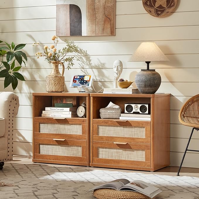 LEYAOYAO Rattan Nightstands Set of 2 with Charger Station, 23" Wide Boho Night Stand with 2 Drawers, Natural Wood Bedside Table Open Shlef, Bed Side End Table Dresser for Bedroom, Living Room Hallway