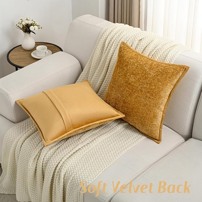 FUTEI Tobacco Chenille Throw Pillow Covers 24x24 Inch Set of 2,Soft Cozy Bound Edge Design European Cushion Cover,Home Decor for Couch Bed Living Room