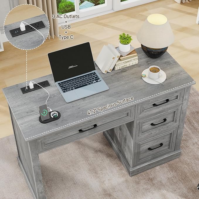 Vabches Farmhouse 47" Executive Desk, Computer Desk with Drawers and File Drawer, Workstation Computer Desk with Charging Station for Home Office,Study,Grey.
