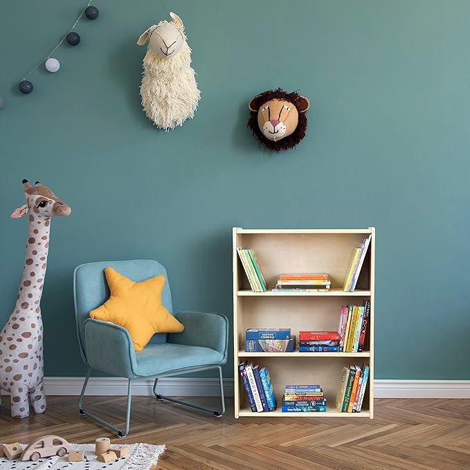 Child Three-Shelf Bookcase, 35.5”H x 24”W x 11.5”D Sturdy Birch Plywood Shelves for Daycare Storage of Books, Toys, Supplies, Smooth Natural Wood (36")