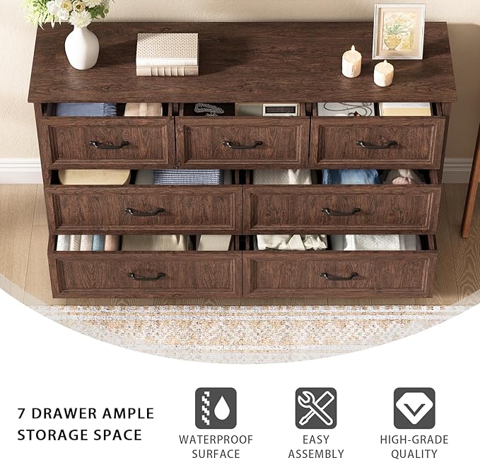 Farmhouse 7 Drawer Dresser for Bedroom, 55 Inch Wide Modern Brown Dresser TV Stand with Large Drawers & Bar Handles, Rustic Wood Chest of Drawers for Bedroom, Living Room, Hallway, Entryway.
