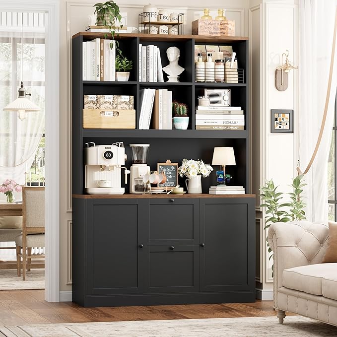 HIFIT 72'' Tall File Bookcase with Power Outlet & Printer Stand, 2 Drawer Filing Cabinets for Home Office Fit Hanging A4 File, Storage Cabinet w/ 3 Tier Open Book Shelf & Doors for Living Room, Black
