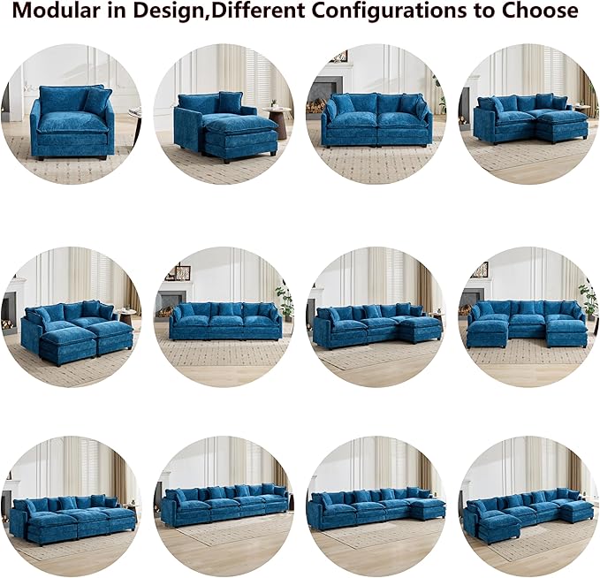 Aoowow Chenille Upholstered Accent Chair Oversized,Fluffy Single Cloud Sofa Chairs with Deep Seat,Modern Large Reading Arm Chair with Throw Pillow for Living Room,Bedroom (Blue, Single Sofa Chair)