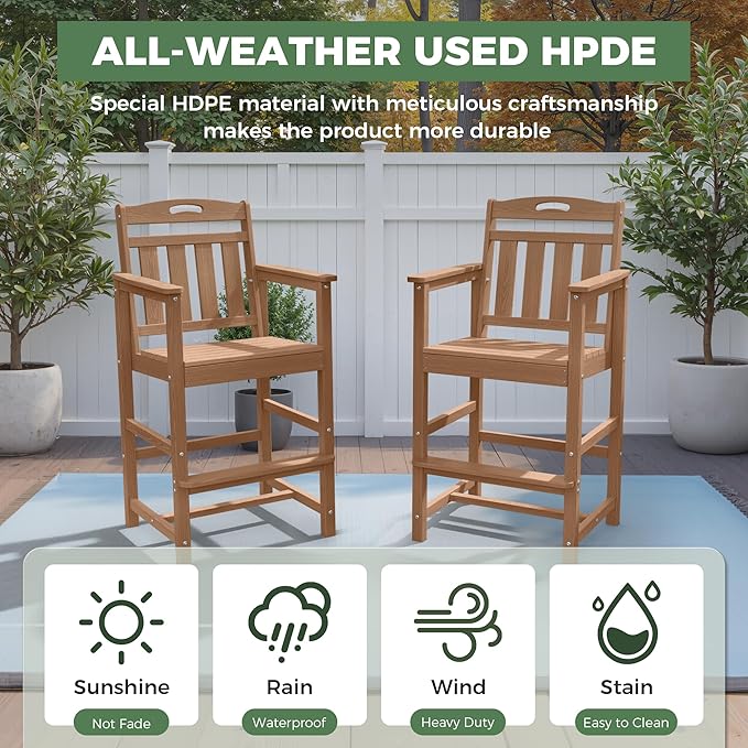 HDPE Outdoor Patio Tall Adirondack Bar Chairs Set of 2, All-Weather Bar Height Balcony Adirondack Stools for Bistro, Garden, Backyard, Pool, Deck | Teak