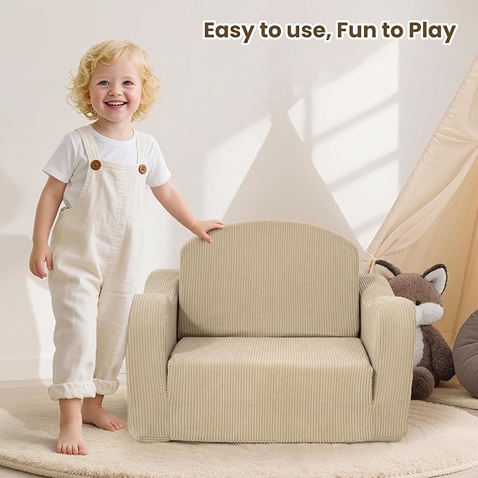 Comfy Toddler Chair for Kids, 2-in-1 Toddler Soft Plush Couch Fold Out, Convertible Kids Couch to Lounger, Baby Sofa for Boys and Girls, Beige