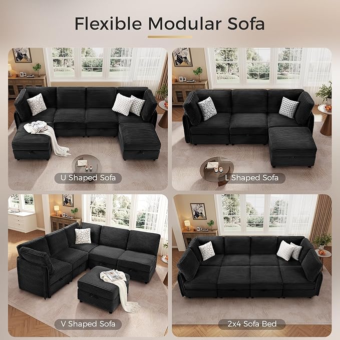 KKL Modular Sectional Sofa Bed with Storage Ottoman, Convertible L/U/J-Shaped Sleeper Couch Plush Wide-Wale Corduroy for Living Room, Apartment, Modern Design, Black