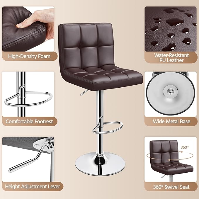 Yaheetech Bar Stools Set of 4 - Modern Adjustable Kitchen Island Chairs Counter Height Barstools Swivel PU Leather Chair 30 inches,X-Large Base and Seat, Brown