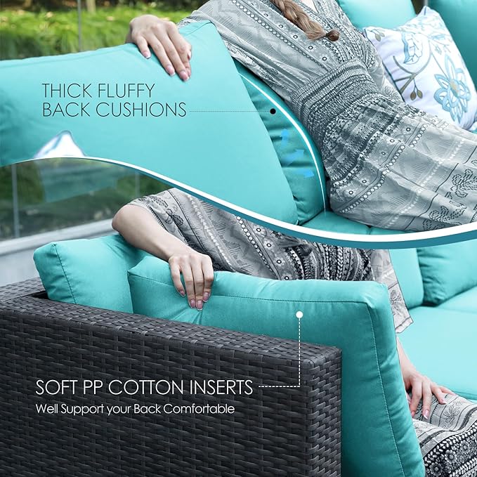 NICESOUL 18 Piece Outside Patio Set with Firepit and Loungers, Luxury Huge Complete Outdoor Sectional Sets with Fire Pit Table, 14-Seater Wide Deep Seated Sofa Modular for Deck,Poolside Gray&Turquoise