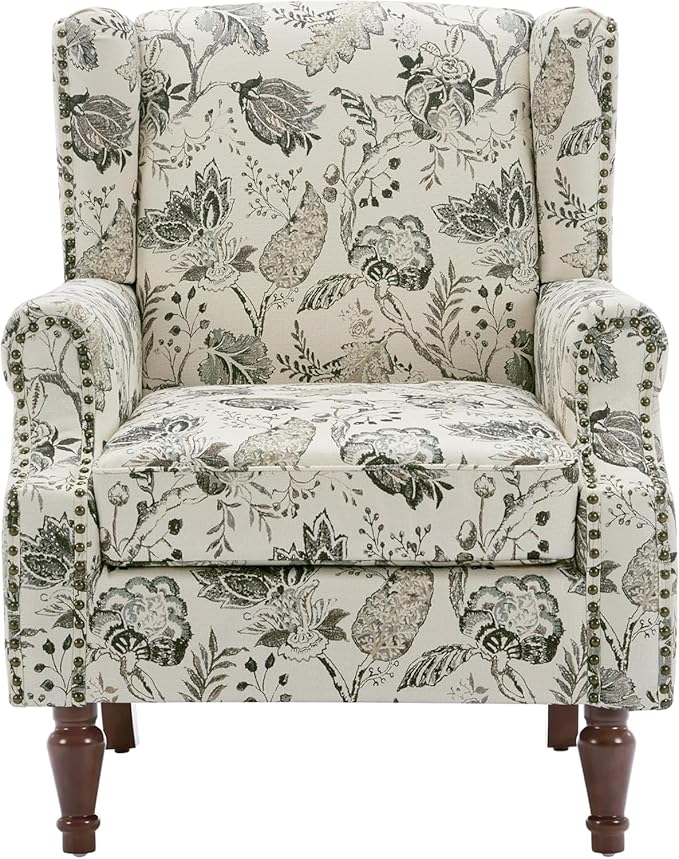 UIXE High Back Floral Accent Chair, Fabric Upholstered Armchair for Living Room, Retro Printed Wingback Arm Chair Nailhead Trim Single Sofa Bedroom Reading Seat - Beige Plants