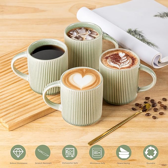 GBHOME 12oz Stoneware Coffee Mugs, Ceramic Coffee Cups with Handle for Man,Woman,Dad,Mom, Modern Coffee Mugs Set of 6 for Latte/Cappuccino/Cocoa/Tea/Cocoa/Milk. Dishwasher&Microwave Safe,Olive Green