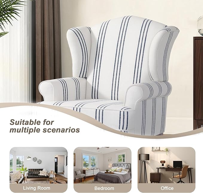 Pia Ricco Set of 2 Stripe High Back Accent Chairs: Upholstered Fabric Armchairs with Solid Wood Legs - Retro Living Room Pair, Comfy Reading Sofa Seats-Navy