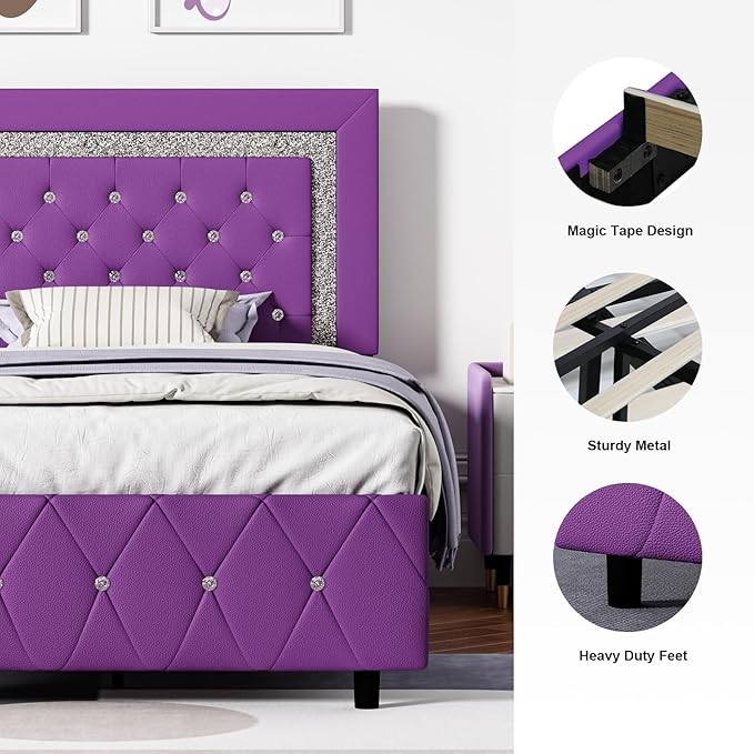 BarnFurin Twin Bed Frame with Headboard, Upholstered Bed with Diamond Tufted Design, No Box Spring Needed, Wooden Slats Support, Easy Assembly, Purple