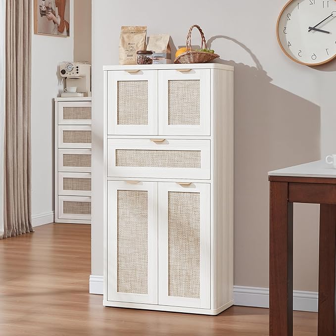 LEYAOYAO 48" Tall Storage Cabinet,Rattan Bathroom Floor Cabinets with 2 Doors & 1Drawer,Boho Kitchen Pantry with Adjustable Shelves,Wooden Cupboard for Living Room,Home Office,Dining,White Cream Oak