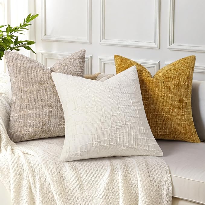 decorUhome Christmas Cream White Chenille Throw Pillow Covers 16x16 Set of 2 Thick Textured Slubby Couch Pillow Covers Farmhouse Accent Modern Neutral Decorative Pillow Cases for Bed Sofa Living Room