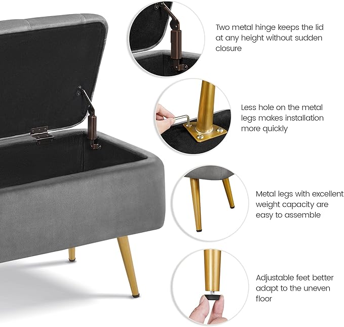 Yaheetech Ottoman with Storage, Velvet Entryway Bench with Safety Hinge, Upholstered Bench with Seating for Bedroom, Living Room, Holds up to 519 lb, Gray
