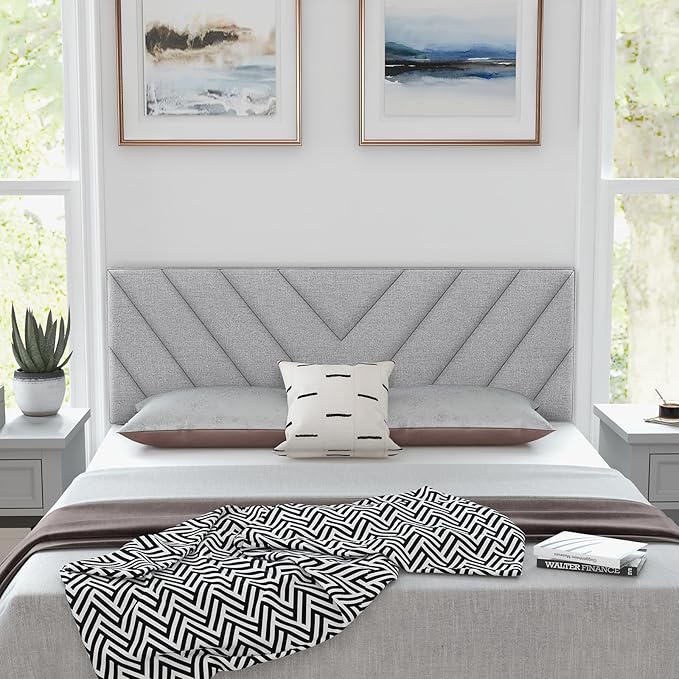 Giantex Linen Upholstered Headboard for Full & Queen Size Bed Frame, Adjustable Width Button Tufted Headboard Only with Solid Rubber Wood Legs, Modern Headboard,Grey