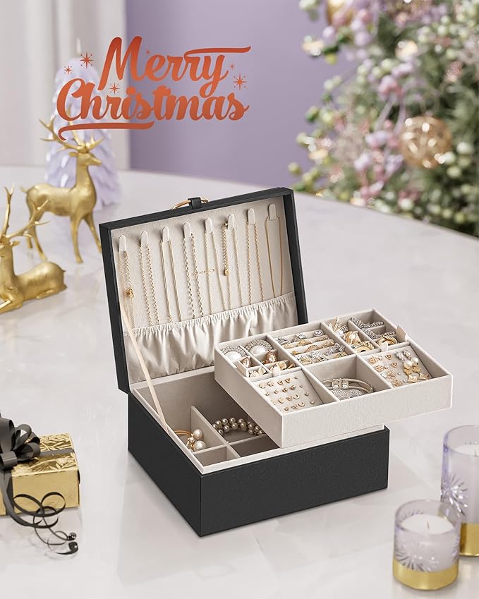 SONGMICS 2-Layer Jewelry Box, Jewelry Organizer with Handle, Removable Jewelry Tray, Jewelry Storage, Floating Effect, 8.1 x 9.4 x 4.3 Inches, Christmas Gift, Black UJBC165B01