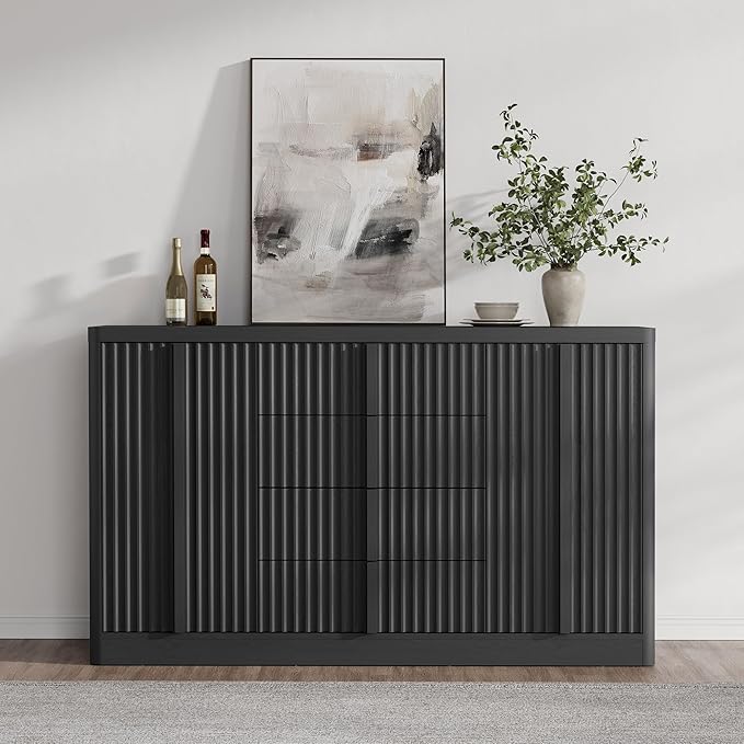 Buffet Cabinet with Storage, 60" Fluted Sideboard with 4 Drawers & 2 Door–Modern Accent Buffet Cabinet with Adjustable Shelves, Credenza Storage Cabinet for Kitchen, Dining, Living Room,Black(1PC)