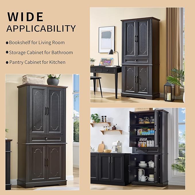 71" Black Tall Pantry Cabinet with Drawer and Adjustable Shelves, Modern Storage Cabinet with Doors, Kitchen Buffet Cabinet, Food Pantry Storage Cabinet, Coffee Bar, Living Room and Dining Room