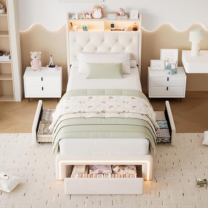 Twin LED Bed Frame with Storage Headboard & Charging Station, Velvet Fabric Platform Bed Frames with 3 Drawers, Button Tufted Upholstered, No Box Spring Needed, Beige
