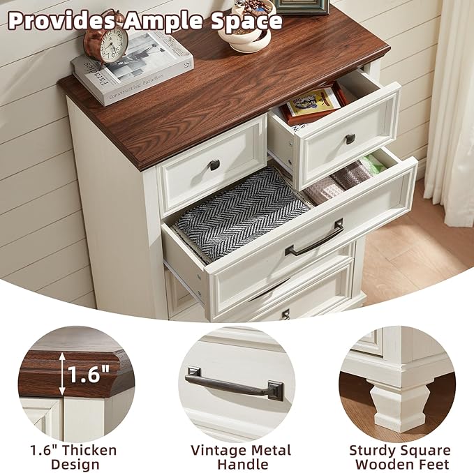 Farmhouse Bedroom Dresser and Nightstand Set of 4, 6 Drawer Tall & Low Dresser & 3 Drawer Nightstand Set with Wooden Legs, Rustic Wood Bedroom Furniture Sets for Livingroom, Hallway, White