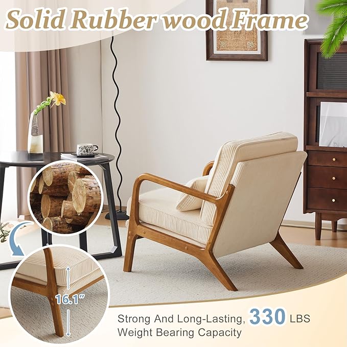 VINGLI Upgraded Premium Corduroy Accent Chair,Upholstered Arm Chair,Solid Wood Comfy Reading Chair with Lumbar Pillow, Mid Century Modern Chairs for Living Room,Bedroom,Guest Room,Beige