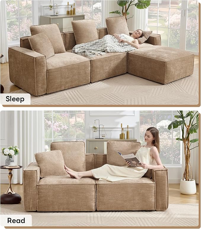 WILLOVE 141'' Modular Sectional Sofa, Chenille Cloud Couch with Wide Armrests & 6 Pillows, Deep Seat Couches for Living Room, Khaki