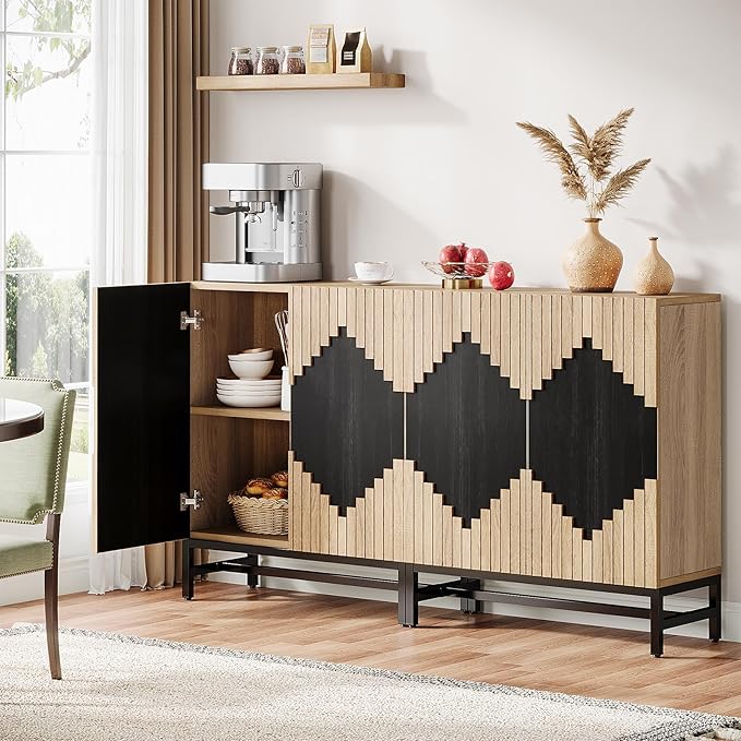 Tribesigns 63'' Farmhouse Sideboard Buffet Cabinet with Storage & Doors, Tall Vintage Credenza Wood Coffee Accent Cabinet for Kitchen, Dining Room, Living Room