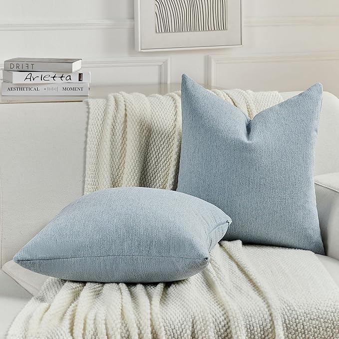 FUTEI Denim Blue Chenille Decorative Throw Pillow Covers 22x22 Inch Set of 2,Soft Cozy Faux Linen Textured Cushion Case,Farmhouse Home Decor for Couch Living Room