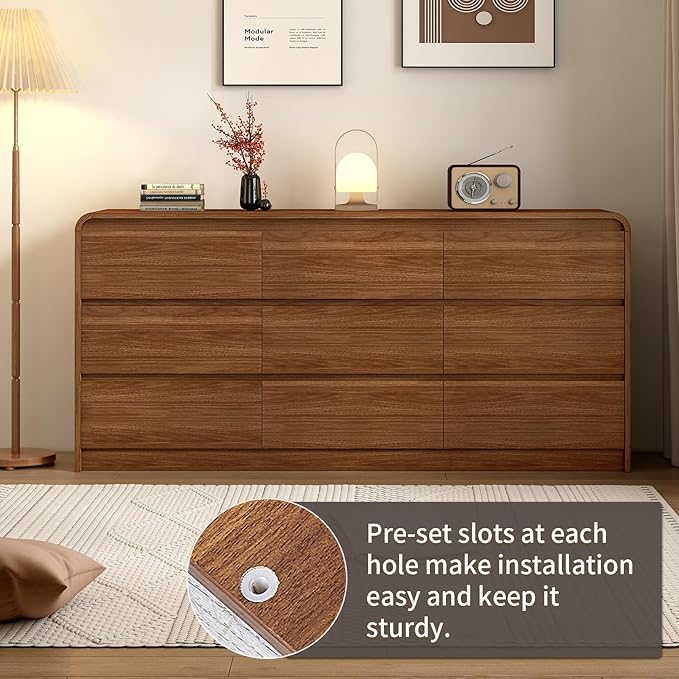 9 Drawer Dresser For Bedroom 63 Inch Wood Chest of Drawers - Curved Anti Collision, Mid Century Dresser For Closet with Natural Texture & Pre-Embedded Slots for TV Stand, Living Room, Nursery