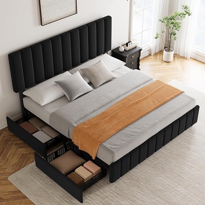 Garvee Full Size Bed Frame with 4 Storage Drawers, Adjustable Height Headboard, Linen Upholstered Platform Bed Frame, No Box Spring Needed, Easy Assembly, Black