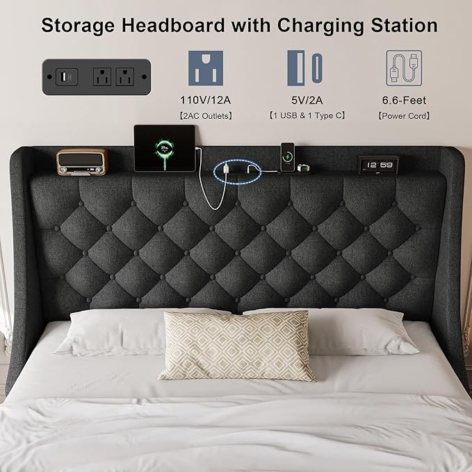 Queen Size Upholstered Platform Bed Frame with 4 Storage Drawers and Charging Station, Linen Button Tufted Wingback Headboard, Sturdy Wooden Support Slats, No Box Spring Needed, Dark Grey