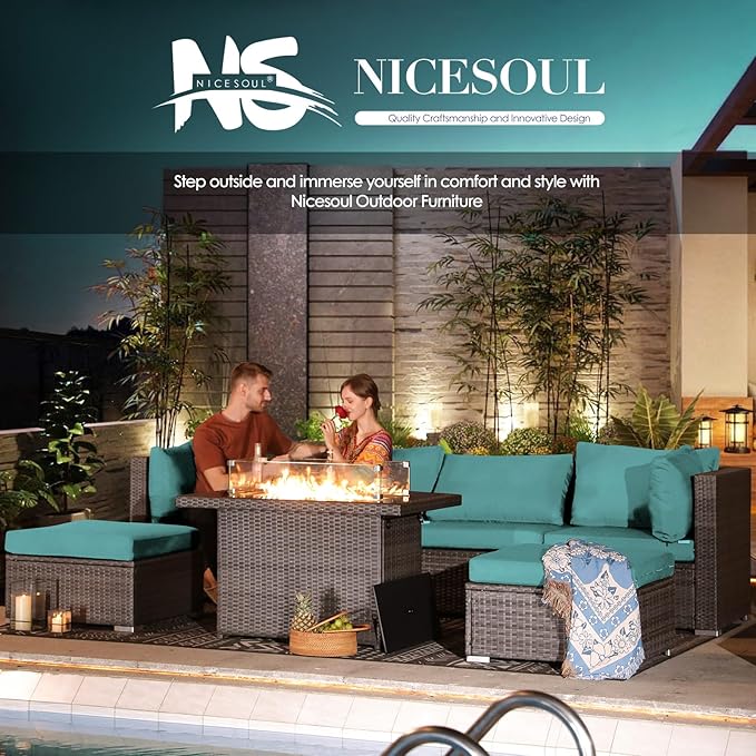 NICESOUL Extra-Large 9 Pcs Outdoor Patio Furniture Set with Fire Pit Table Natural Gas/Propane, 29.3'' High Back Deep Wide Modular Sofa Conversations with Fireplaces, 2 Color Cushion Teal Blue & Grey