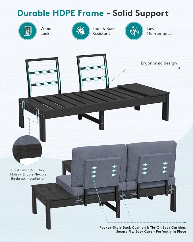 SERWALL HDPE Outdoor Loveseat Set, All-Weather Modular Patio Sofa, Sectional Seating for Backyard or Balcony, Garden, Black Frame with Grey Cushion